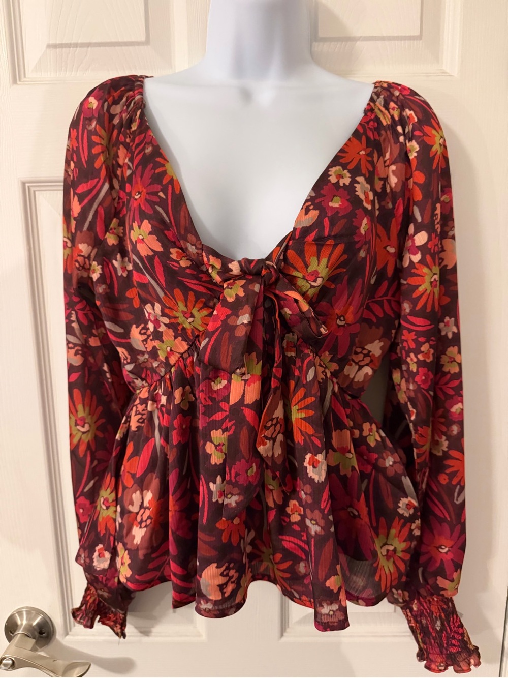 Floral Tie-Front Peasant Blouse - Red Multi
